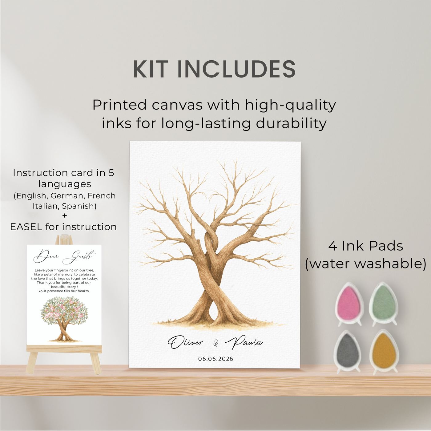 The kit: printed canvas, instruction card in five languages with a small easel, and four water-washable ink pads