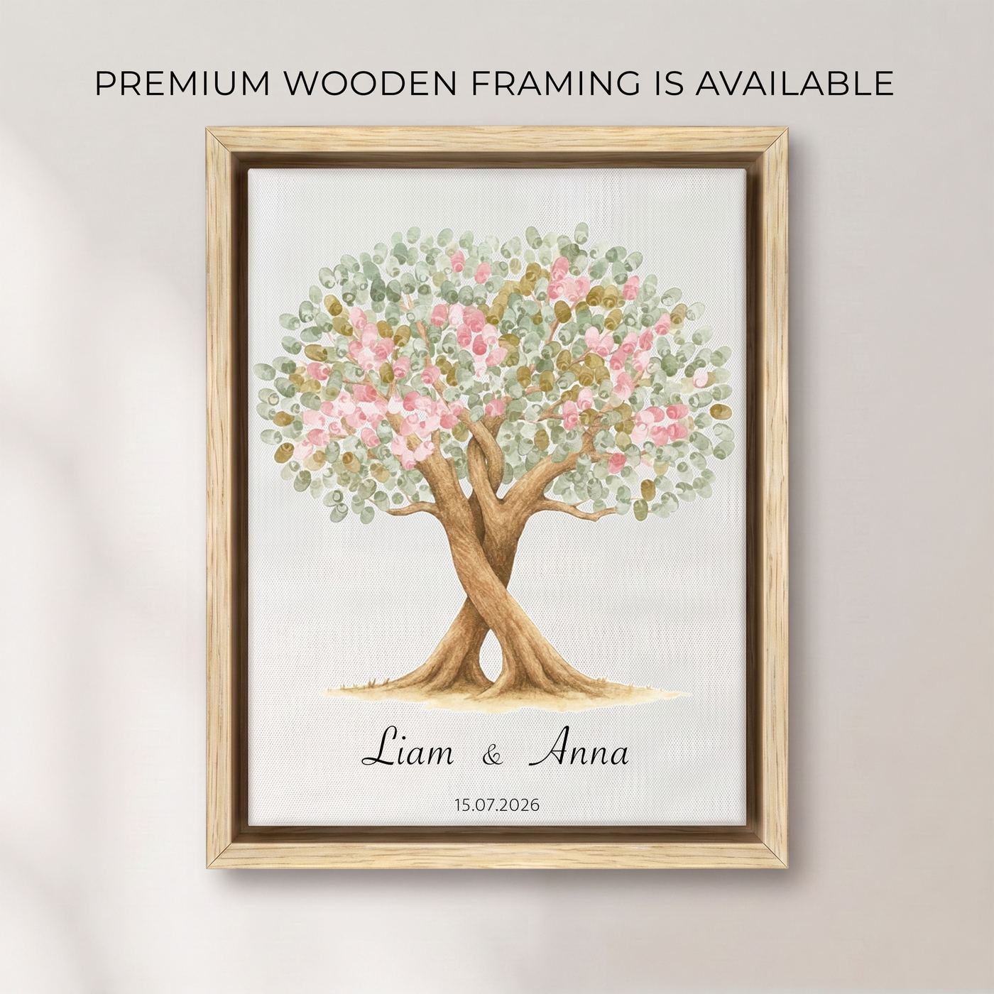 A finished fingerprint tree inside a premium wooden frame